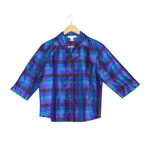 Anna and Frank Vintage 100% Silk Purple, Blue, Black Plaid SS Button Up Size M